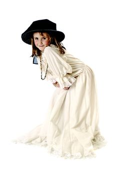 Little girl playing dress-up in her grandmothers clothes.
