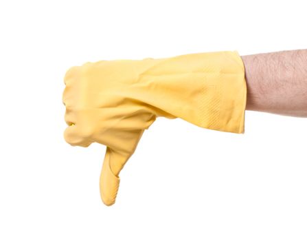 yellow rubber glove of a cleaning lady arm show thumbs down