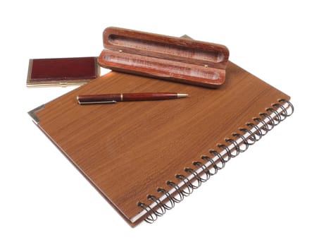 wooden notebook with pen isolated