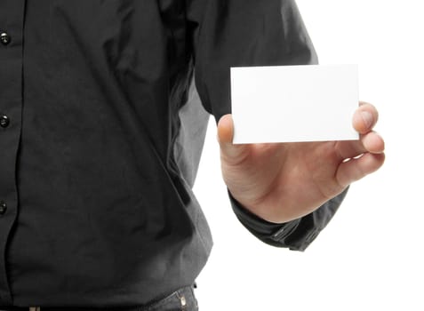 man holding a blank card