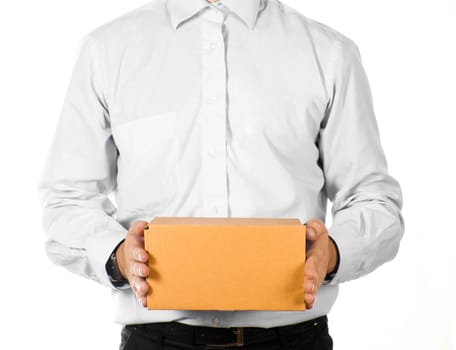Businessman holding a paper box