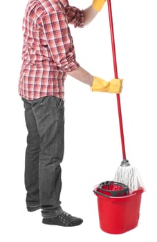 man puts the mop in a bucket