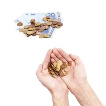 Male hands holding coins isolated