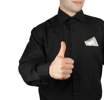 Businessman with money in pocket showing okay sign