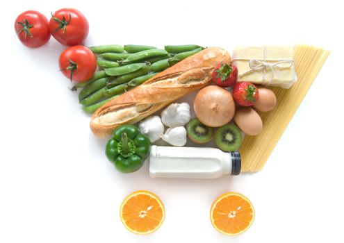 Fruits, vegetables, pasta and dairy products in the shape of a grocery cart icon over a white background