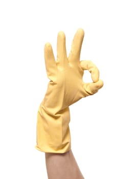 hands in yellow gloves isolated on white