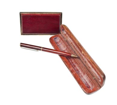 Mahogany ball pen in an opened wooden case