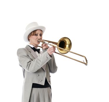 Young woman playing a trombone. Isolated on a white background.