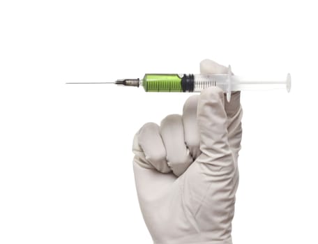 Hand holding syringe isolated on white