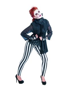 Redhead zombie woman in tight striped pants