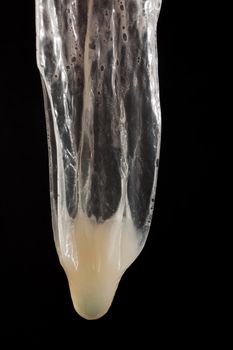 Used condom with sperm on black background
