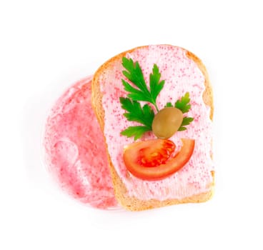 toast with tomato and fish caviar cream