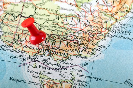 Red push pin showing the location of a destination point on a map. Australia - Melbourne