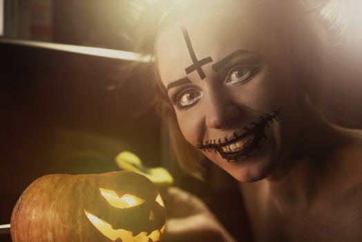 Horrible girl with scary mouth and eyes, halloween theme