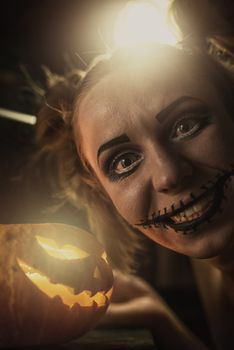 Horrible girl with scary mouth and eyes, halloween theme
