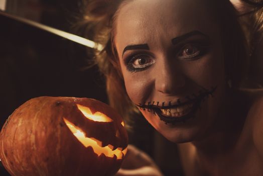Horrible girl with scary mouth and eyes, halloween theme