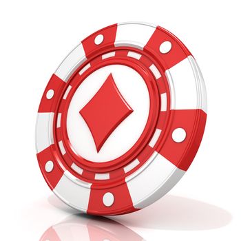 Red gambling chip sign with diamond on it. 3D render isolated on white background
