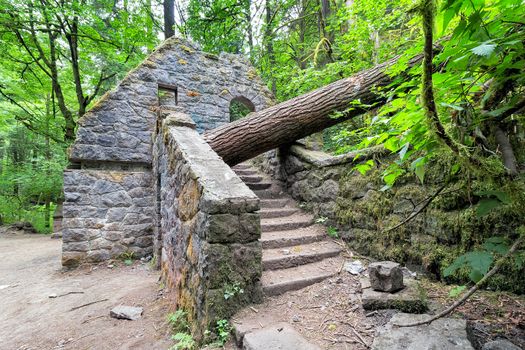 Abandoned stone castle house at Wildwood Trail in Forest Park Portland Oregon
