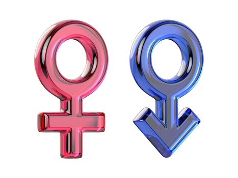 Male and female sex symbols. Transparent gems. 3D render illustration isolated on white background