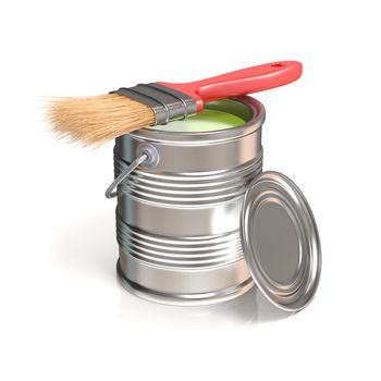 Metal tin can with green paint and paintbrush. Side view. 3D render illustration isolated on white background