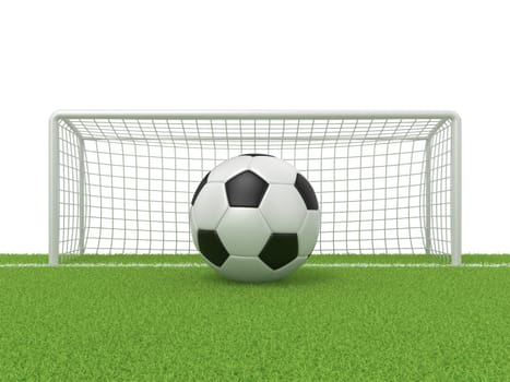 Football - soccer ball in front of goal gate on grass. 3D render illustration isolated on white background
