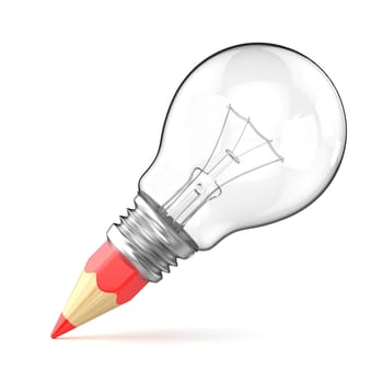 Pencil light bulb as creative concept. 3D render illustration isolated on white background