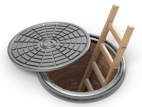 Opened street manhole with wooden ladder inside. 3D render illustration isolated on white background