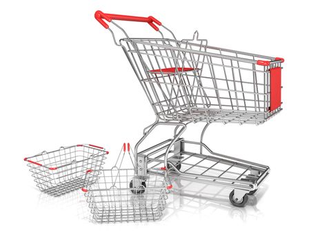 Steel wire shopping baskets and shopping cart isolated on a white background.