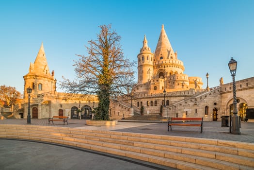 Fisherman's Bastion in Budapest, Hungary at Sunrise with Clear Blue Sky