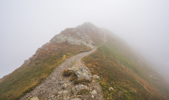 Hiking Trail on the Hill in the Mountains in the Mist