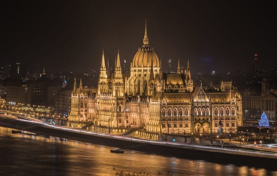 Illuminated Hungarian Parliament Building in Budapest, Hungary at Night