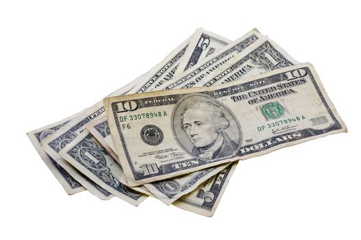 Small pile of various American money isolated on white with a clipping path