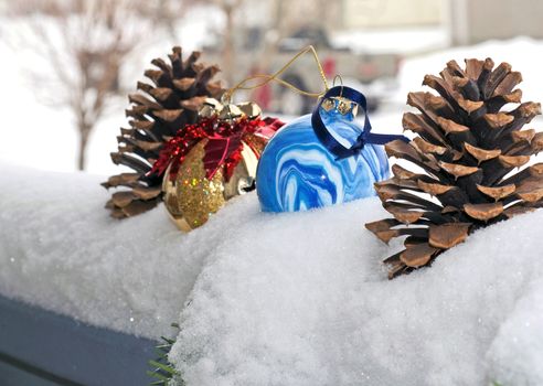 Christmas decorations outside in the snow