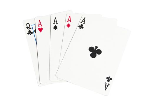 A poker hand with four aces. A winning hand. Isolated on white with a clipping path.