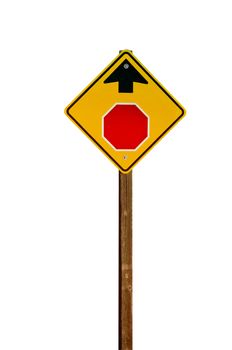 Warning sign for an upcoming stop sign. Isolated on a white background with a clipping path