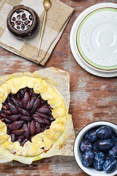 Rustic pie with autumn plum.The view from the top