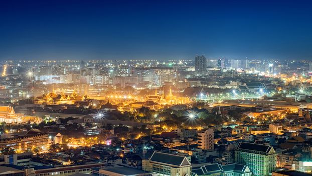 Wat Phra Kaew at night and street, Bangkok city downtown top View at Night from top of Thailand