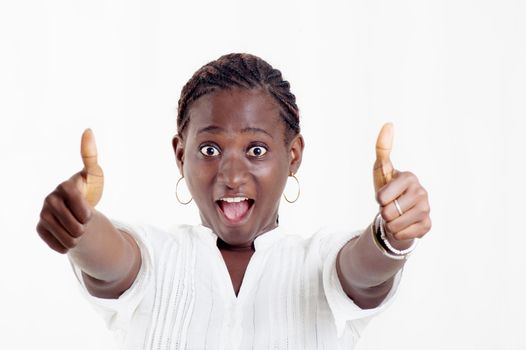 This young woman very happy , congratulates her partners shouting.