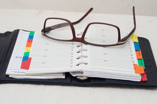 a pair of glasses placed in a diary.