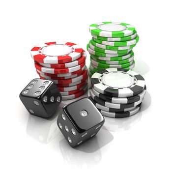 Stacks of red, green, black gambling chips and black dices isolated on white background. 3D illustration