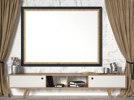 Mock up picture frame with brown curtains. 3D render illustration