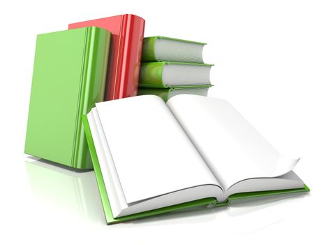 Pile of books with open one. 3D render illustration isolated on white background