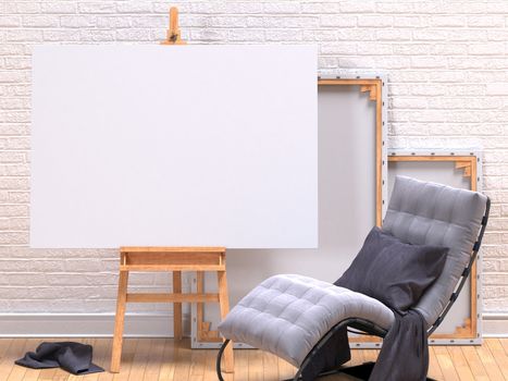 Mock up canvas frame with grey easy chair, easel, floor and wall. 3D render illustration