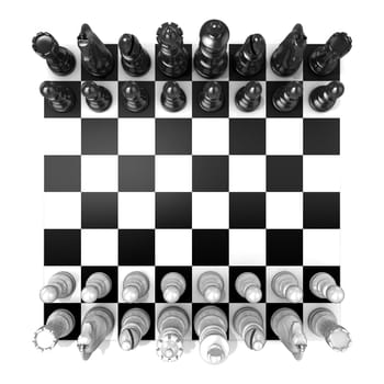 Chess Board with all chess pieces, isolated on white background. Top view