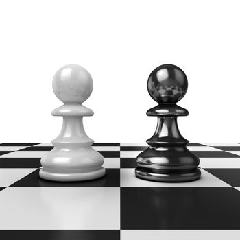 Two chess pawns, black and white figures on board