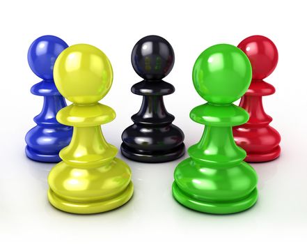 Colorful chess pawns 3D render illustration isloated on white background