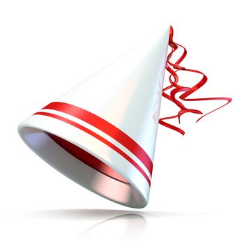Party hat. 3D illustration of white hat with two red stripes.