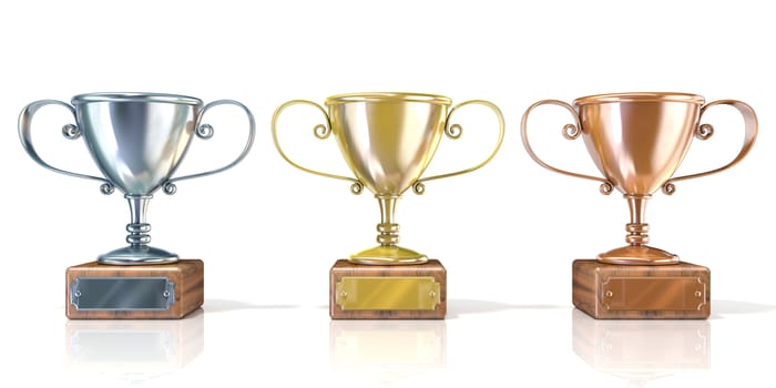 Three cup trophies, gold, silver and bronze. 3D render illustration isolated on white background