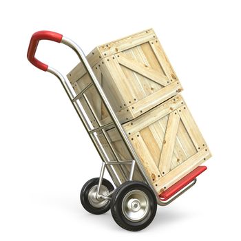 Hand truck with wooden box. Delivery concept. 3D render illustration isolated on white background
