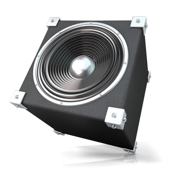 Black audio speaker. 3D render illustration isolated on white background. Side, angled view.